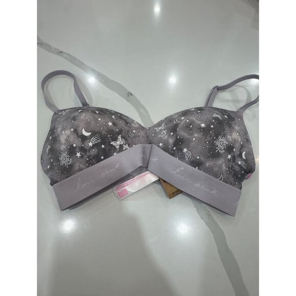 Victorias Secret PINK Wireless Bra 32D Gray Star & Moon Print With Adjustable St - Picture 1 of 4